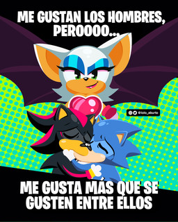 anthro big_breasts black_body black_fur blue_body blue_fur breasts cleavage clothed clothing eyelashes eyes_closed eyeshadow female fur group kissing lipstick makeup male male/male text trio white_body white_fur wings lolo_aburto sega sonic_the_hedgehog_(series) yoshi_and_toad_kissing rouge_the_bat shadow_the_hedgehog sonic_the_hedgehog bat eulipotyphlan hedgehog mammal hi_res meme spanish_text translated