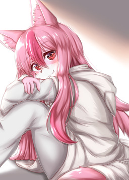 5_fingers anthro black_nose blush clothing cute_fangs dipstick_tail fangs female female_anthro fingers fur grey_clothing hair hoodie inner_ear_fluff kemono long_hair looking_at_viewer markings multicolored_body multicolored_fur multicolored_hair multicolored_tail pink_body pink_fur pink_hair pupils red_eyes sitting slit_pupils smile solo tail tail_markings teeth topwear tuft white_body white_fur horokusa0519 brand_new_animal studio_trigger nazuna_hiwatashi canid canine fox mammal 2020 digital_media_(artwork) hi_res