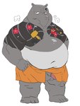 anthro balls belly blush genitals grey_body kemono male navel overweight overweight_anthro overweight_male penis simple_background solo tattoo towel white_background bluewhale127 odd_taxi kuroda_(odd_taxi) mammal tapir 2021 3:4 hi_res