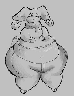 anthro bodily_fluids bottomwear clothed clothing eyebrows eyelashes eyes_closed female grey_background midriff pants scarf simple_background smile solo standing sweat sweatdrop sweater tail thick_thighs tight_clothing topwear wide_hips wolfgirl9million nintendo pokemon audino generation_5_pokemon pokemon_(species) 2026 greyscale monochrome shaded sketch