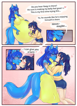 abdominal_bulge anthro belly big_belly big_breasts blue_body blue_fur blue_hair blush breasts duo eyelashes eyes_closed fangs female female/female female_pred fur group hair human_pred kiss_on_lips kissing long_hair male organs ponytail prey_transfer romantic sharp_teeth stomach tall_girl teeth text trio vore m0re4117 canid canine fox human mammal comic english_text hi_res