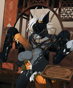 accessory anal anal_penetration animal_genitalia animal_penis anthro balls bdsm black_body black_latex blindfold bodily_fluids bound carrot carrot_in_ass chain chained clenched_teeth clothing cock_ring cum cum_from_ass cum_in_ass cum_inside digitigrade equine_genitalia equine_penis eyeless food genital_fluids genital_piercing genitals gimp_mask hair half-erect harness horn horn_jewelry horn_ring humiliation jewelry latex latex_clothing latex_legwear latex_stockings legwear male male_penetrated mask nipple_piercing nipples penetration penis penis_accessory penis_jewelry piercing placard plant precum public public_humiliation public_use ring_(jewelry) slave solo sounding_rod spread_legs spreading stockings teeth text three-quarter_view urethral urethral_penetration vegetable white_hair godafterdark mythology monochromius_(godafterdark) dragon eastern_dragon mythological_creature mythological_scalie scalie 5:6 english_text hi_res watermark