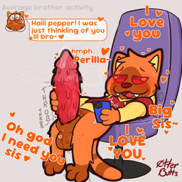 age_difference animal_genitalia animal_penis anthro balls big_penis bodily_fluids clothed clothing eyewear feline_genitalia feline_penis female fur genital_fluids genitals glasses huge_penis i_love_you implied_incest male male_focus masturbation orange_body orange_fur partially_clothed penis precum red_eyes sheath teeth texting otterbutts pepper_(crushpepper) perilla_(crushpepper) domestic_cat felid feline felis mammal 1:1 brother_(lore) brother_and_sister_(lore) incest_(lore) sibling_(lore) sister_(lore)