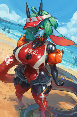 anthro arm_floatie beach blue_body blue_fur bottomwear breasts cleavage_cutout clothing cloud collar cutout day denim denim_bottomwear denim_clothing denim_shorts female flotation_device form_fitting fur garter_straps glistening glistening_breasts green_body green_fur horn latex latex_clothing latex_skinsuit legwear lifeguard lifeguard_swimsuit logo looking_at_viewer one-piece_swimsuit open_mouth orange_eyes sand sea seam_(sewing) shorts skinsuit solo swimwear tail text text_on_clothing thigh_highs tight_clothing tongue water whistle_(object) whistle_around_neck shanher mythology dragon mythological_creature mythological_scalie scalie chinese_text english_text hi_res