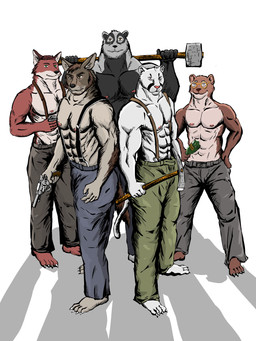 abs albino anthro barefoot black_bottomwear black_clothing black_nose black_pants blue_bottomwear blue_clothing blue_eyes blue_pants bottomwear brown_eyes brown_nose camera claws clothed clothing countershading eyebrows eyewear feet fur glasses green_bottomwear green_clothing green_eyes green_pants group gun hair hammer handgun male muscular muscular_anthro muscular_male nipples pants pecs pickaxe pink_nose pistol ranged_weapon red_eyes shadow shirtless shirtless_anthro shirtless_male sledgehammer suspenders tail toe_claws tools topless topless_anthro topless_male weapon whiskers wine_bottle kowloon7050 echo_(series) echo_project the_smoke_room clifford_tibbits murdoch_byrnes nikolai_krol samuel_ayers william_adler badger canid canine canis cougar coyote felid feline fox mammal mustelid musteline stoat true_musteline weasel 2025 3:4 colored digital_drawing_(artwork) digital_media_(artwork) hi_res