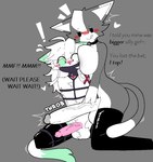 anthro anthro_on_anthro balls big_penis blush bow_tie bunny_costume chest_tuft clothing collar costume countershading dominant dominant_female duo face_mask female femboy forced genitals gynomorph gynomorph/male harness huge_penis humanoid_genitalia humanoid_penis intersex intersex/male leg_tied legwear male missing_arm penis penis_size_difference submissive submissive_male tail text thigh_highs tuft exyli matt_(exyli) vivian_(exyli) domestic_cat felid feline felis mammal 2023 english_text