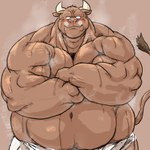 1:1 2021 anthro belly blush bodily_fluids bovid bovine cattle hi_res horn kemono kotobuki male mammal navel obese obese_male overweight overweight_male solo sweat towel