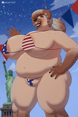anthro belly big_belly big_breasts black_lips breasts confetti day eyes_closed female floppy_ears fur hair holidays huge_breasts lips outside overweight overweight_anthro overweight_female ponytail solo statue_of_liberty tan_body tan_fur thick_thighs pancarta 4th_of_july canid canine canis domestic_dog mammal absurd_res hi_res