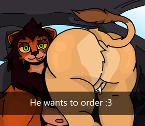 andromorph anthro black_mane bodily_fluids butt car car_window cum cum_dripping_from_pussy duo eye_scar facial_scar fluffy_butt fur genital_fluids genitals green_eyes inside_car inside_vehicle intersex intersex/male lion_ears male male/male mane nipples orange_body orange_fur ranni scar slightly_chubby slightly_muscular tail tail_tuft text tongue tongue_out tuft vehicle vulva yellow_eyes scaryonaka disney he_wants_to_order the_lion_king scar_(the_lion_king) felid lion mammal pantherine english_text hi_res meme