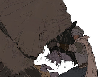 ambiguous_gender anthro armor biped bodily_fluids breastplate cape claws clothing comforting crying duo finger_claws fur grey_body grey_fur headgear helmet hug larger_anthro larger_male male simple_background size_difference smaller_ambiguous smaller_human tears white_background mianji01 elden_ring fromsoftware gurranq_(elden_ring) maliketh_(elden_ring) tarnished_(elden_ring) canid canine canis human mammal wolf 2022 digital_media_(artwork) hi_res