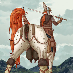 animal_genitalia animal_vulva anus armor big_teats butt celtic clitoral_winking clitoris equine_anus equine_genitalia equine_vulva female genitals hair headgear helmet looking_at_viewer looking_back looking_back_at_viewer low-angle_view melee_weapon mountain nipples presenting presenting_hindquarters presenting_vulva puffy_anus raised_tail red_hair solo sword tail teats udders vulva weapon winged_helmet zuckergelee european_mythology greek_mythology mythology centaur equid equid_taur humanoid_taur mammal mammal_taur taur 1:1 2026 absurd_res hi_res