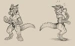 anthro biped bodily_fluids bulge clothing digitigrade eyewear eyewear_on_head goggles goggles_on_head holding_object horn leotard male simple_background solo sweat white_background daftpatriot risky_(stalvelle) kobold scalie 2022 digital_media_(artwork) greyscale hi_res monochrome