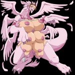 10_breasts 1:1 2020 absurd_res alpha_channel alternate_species bandai_namco big_breasts breasts brown_hair claws digimon digimon_(species) feathered_wings feathers female feral fur hair hi_res hikari_kamiya horn huge_breasts magnadramon mankor multi_breast nipples one_eye_closed open_mouth pink_body pink_fur semi-anthro solo standing transformation wings