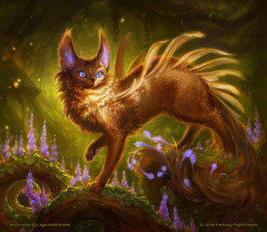 ambiguous_gender blue_eyes brown_body brown_fur feathers feral fur pawpads plant solo tail tree whiskers liiga_smilshkalne fantasy_flight_games keyforge felid mammal 2018 official_art