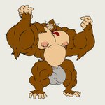 after_transformation anthro big_muscles bottomwear brown_body brown_fur bulge clothed clothing detailed_bulge fur genital_outline huge_muscles hyper hyper_muscles male muscular muscular_male necktie nipples penis_outline solo tight_clothing tight_underwear topwear transformation tusks underwear rackun ape haplorhine mammal primate