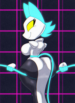 4_fingers anthro big_breasts big_butt blue_hair breasts butt butt_squish clothed clothing curvy_figure female fingers floating_hands hair hourglass_figure huge_breasts huge_butt looking_back machine no_pupils presenting presenting_hindquarters rear_view small_waist smile solo squish wide_hipped_anthro wide_hipped_female wide_hips yellow_eyes tansau deltarune undertale_(series) tasque_manager darkner felid mammal robot 2021 hi_res