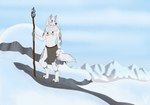 anthro blue_eyes blue_sky bottomwear clothed clothing day fur glistening glistening_eyes hair holding_object holding_staff loincloth male mouth_closed outside sky snow solo staff standing thin_calves thin_legs thin_thighs topless white_body white_fur white_hair milk-jug canid canine mammal