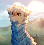 ambiguous_gender blue_clothing brown_eyes clothed clothing detailed_background eyes_closed feral fur outside sky smile solo elmira_503 canid canine mammal 2021 animated hi_res short_playtime