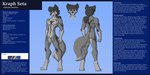 2:1 absurd_res anthro blue_eyes canid canine canis chest_tuft digitigrade english_text featureless_crotch front_view fur fur_markings grey_body grey_fur hair hi_res kailun_setra male mammal markings model_sheet nude ponytail rear_view setriaphtfj simple_background solo standing text tuft wolf