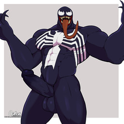 balls big_penis black_body claws emblem empty_eyes erection genitals humanoid_genitalia humanoid_penis long_tongue looking_at_viewer male muscular not_furry nude open_mouth penis solo tongue tongue_out erickbsan marvel venom_(marvel) alien alien_humanoid humanoid symbiote absurd_res hi_res