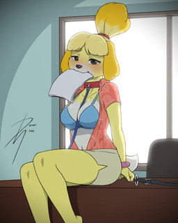 anthro bdsm bondage bound bra breasts clothed clothing collar cuff_(restraint) female fuzzy_handcuffs gag handcuffs leash leashed_collar looking_at_viewer metal_cuffs open_clothing open_shirt open_topwear restraints ring_gag secretary shirt sitting sitting_on_desk solo topwear underwear deviantstyle animal_crossing nintendo isabelle_(animal_crossing) canid canine canis domestic_dog mammal shih_tzu toy_dog 4:5 hi_res