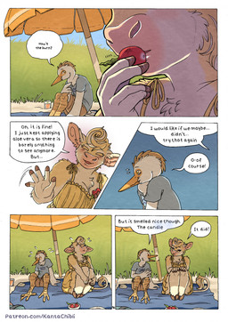 5_fingers anthro bag barefoot beach beach_towel beach_umbrella beverage bodily_fluids bottomwear breasts clothed clothed_anthro clothed_female clothed_male clothing day dress duo eating feathers feet female fingers flying_sweatdrops fur grass hooves humanoid_hands interspecies male male/female nervous on_ground outside page_number parasol plant public sand shirt shorts sitting sitting_on_ground sundress sweat sweatdrop tail tan_body tan_fur text topwear towel white_body white_feathers kantachibli clover_(kantachibli) phillip_(kantachibli) avian bird bovid bovine cattle heron mammal pelecaniform comic english_text hi_res url