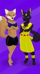 anthro athletic athletic_female big_tail black_body black_bottomwear black_clothing black_shorts bottomwear bra clothing crossed_arms duo egyptian egyptian_clothing fangs female green_eyes navel open_mouth orange_body purple_background purple_bra purple_clothing purple_eyes purple_sports_bra purple_underwear shorts simple_background skirt smile sports_bra tail teeth underwear white_inner_ear yellow_bottomwear yellow_clothing yellow_inner_ear yellow_skirt luosos brutal_paws_of_fury pac-man_party foxy_roxy patra anubian_jackal canid canine canis fox jackal mammal 2023 absurd_res crossover hi_res