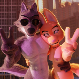 abs anthro barbell_piercing breasts canon_couple clothing detailed_background detailed_fur duo eyebrow_piercing eyelashes eyewear facial_piercing facial_tuft female fur gesture hand_gesture jewelry long_eyelashes looking_at_viewer male male/female nipples nude on_model outside pecs piercing shirt standing sunglasses topwear tuft v_sign vermilionrenderworks furflection_(modeler) dreamworks grand_theft_auto_vi the_bad_guys diane_foxington mr._wolf_(the_bad_guys) canid canine canis fox mammal wolf 1:1 3d_(artwork) absurd_res detailed digital_media_(artwork) hi_res