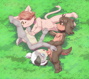 3_toes 4_toes accessory anthro arm_tuft ball_sniffing balls blush bodily_fluids brown_body chest_tuft countershading elbow_tuft feet flaccid floppy_ears foreskin furgonomics genitals grey_body group group_sex hair hair_over_eye humanoid_genitalia humanoid_penis jewelry knee_tuft leg_tuft licking looking_at_genitalia looking_at_penis lying male male/male narrowed_eyes navel nude nude_anthro nude_male on_side open_mouth orange_eyes penile penis ring sex shoulder_tuft sniffing tail tail_accessory tail_jewelry tail_ring tan_balls tan_body tan_countershading tan_penis toes tongue tongue_out triangle_position trio tuft white_balls white_penis young young_anthro young_male young_on_young ofuro cyberconnect2 fuga:_melodies_of_steel little_tail_bronx britz_strudel jin_macchiato kyle_bavarois basset_hound canid canine caninu canis dobermann domestic_cat domestic_dog felid feline felineko felis hunting_dog mammal pinscher scent_hound alternate_version_at_source