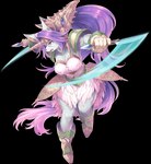 anthro big_breasts boots breasts cleavage clothed clothing fake_horns female footwear fur hair knife long_hair purple_hair shoes solo white_body white_fur haccan mana_(series) square_enix sierra_(mana) canid canine canis mammal alpha_channel hi_res