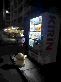 ambiguous_gender anthro duo machine night purple_body tail vending_machine yellow_body watawatakuro nintendo pokemon drifloon generation_1_pokemon generation_4_pokemon pokemon_(species) psyduck spirit 2025 3:4 hi_res