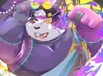 anthro backwards_baseball_cap backwards_hat baseball_cap blush candy clothing dessert food frankenstein_costume fur hat headgear headwear holidays lollipop lollipop_in_mouth male overweight overweight_male purple_body purple_eyes purple_fur solo tongue yellow_sclera okentya halloween lifewonders tokyo_afterschool_summoners alp_(tas) bear giant_panda mammal hi_res