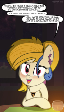 bangs blush blush_lines candle candlelight dialogue ear_piercing ear_ring female feral furniture jewelry lidded_eyes light looking_at_viewer necklace night on_model piercing ring_piercing solo speech_bubble table text wings realdash friendship_is_magic hasbro my_little_pony mythology golden_feather_(mlp) princess_celestia_(mlp) equid equine horse mammal mythological_creature mythological_equine pegasus pony 2025 absurd_res english_text hi_res signature