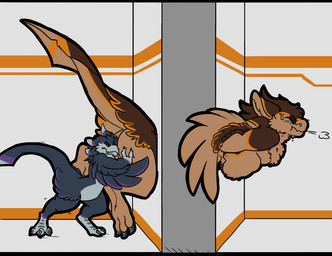 belly bodily_fluids breath claws digitigrade duo pushing side_view size_difference sweat through_wall winged_arms wings bluewolf3691 avali hi_res