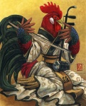 3_toes anthro asian_clothing avian_caruncle barefoot beak biped blue_body blue_feathers bow_(stringed_instrument) bowed_string_instrument chinese chinese_clothing claws clothed clothing comb_(anatomy) dewlap_(anatomy) east_asian_clothing erhu feathered_wings feathers feet fully_clothed green_body green_feathers head_crest holding_musical_instrument holding_object kokyu looking_at_viewer male music musical_instrument playing_music red_body red_feathers robe sitting solo string_instrument text toes wattle wings kacey chinese_zodiac year_of_the_rooster avian bird chicken galliform gallus_(genus) phasianid 2008 chinese_text detailed