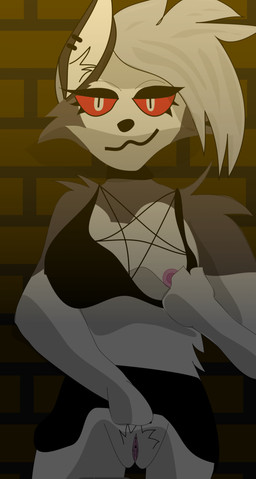 anthro bedroom_eyes biped bottomwear breasts brick brick_background clothing female flashing flashing_breasts flashing_pussy front_view genitals narrowed_eyes seductive skirt small_breasts solo standing toony vulva ovr_2_(artist) hellaverse helluva_boss mythology loona_(helluva_boss) canid canid_demon canine demon hellhound mammal mythological_canine mythological_creature hi_res