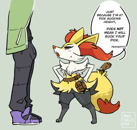 anthro belt biped black_body black_bottomwear black_clothing black_fur black_pants blush blush_lines bottomwear cheek_tuft chest_tuft chest_wraps clothed clothing dialogue digitigrade dipstick_tail duo eyebrows faceless_character faceless_human faceless_male facial_tuft female fluffy fluffy_tail footwear fur hands_on_own_hips inner_ear_fluff jacket larger_human larger_male looking_at_another male markings open_mouth pants red_markings shirt simple_background size_difference smaller_anthro smaller_female speech_bubble tail tail_markings teeth text tongue topwear tuft white_body white_fur wraps yellow_body yellow_fur canisfidelis nintendo pokemon braixen generation_6_pokemon human mammal pokemon_(species) 2025 english_text hi_res