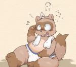 anthro belly biped blush brown_body brown_fur clothing fur humanoid_hands male sitting slightly_chubby solo towel underwear tinntira canid canine mammal raccoon_dog tanuki 2019