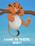 branch claws clinging clothing diaper feces feral hang_in_there_baby hanging_from_branch male motivational_poster pawpads paws raised_leg scared soiled_diaper soiling solo text unclean_diaper used_diaper young young_feral messyszop disney hang_in_there the_lion_king simba_(the_lion_king) felid lion mammal pantherine absurd_res hi_res