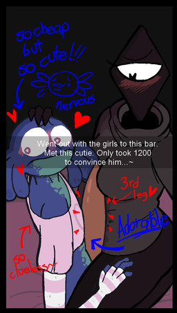 1_eye anthro between_breasts blush breasts clothing duo female femboy genitals heart_eyes heart_symbol looking_aside male mature_female mommy_kink nervous penis sweater text topwear sameltoe snapchat waitress_(sameltoe) amphibian cyclops frog humanoid english_text hi_res