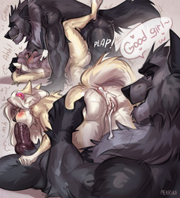 all_fours animal_genitalia animal_penis anthro anthro_on_anthro anthro_penetrated anthro_penetrating anthro_penetrating_anthro anus balls black_body black_fur black_nose blonde_hair blush bodily_fluids breasts butt canine_genitalia canine_penis cum cum_from_ass cum_from_vagina cum_in_ass cum_in_vagina cum_inside duo fellatio female female_penetrated fur genital_fluids genitals good_girl hair licking male male/female male_penetrating male_penetrating_female neck_lick nude nude_anthro nude_female nude_male oral penetration penile penile_penetration penis sex sound_effects tail tan_body tan_fur text tongue tongue_out vulva mekaska allie_von_schwarzenbek rudis_(mekaska) canid canine canis mammal wolf hi_res