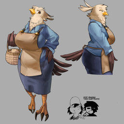 amber_eyes anthro apron barefoot baseball_cap basket beak bent_arm big_breasts big_butt big_eyes biped black_claws black_text blue_bottomwear blue_clothing blue_shirt blue_skirt blue_topwear bodily_fluids bottomwear breasts brown_body brown_feathers brown_tail butt button_(fastener) claws closed_smile clothed clothed_anthro clothed_female clothed_human clothed_male clothing collared_shirt container dark_hair dialogue eyebrows eyelashes eyes_closed feather_hands feather_tuft feathers feet female fully_clothed fully_clothed_anthro fully_clothed_female glistening glistening_eyes grey_background group hair hand_on_hip hand_on_own_hip hat head_tuft headgear headwear holding_basket holding_container holding_object iris light_body light_feathers long_eyelashes looking_at_another looking_at_viewer male mature_anthro mature_female monotone_background mouth_closed multicolored_body multicolored_feathers neck_tuft nervous nervous_sweat non-mammal_breasts pose pupils raised_head shirt short_hair side_view simple_background skirt smile smiling_at_viewer standing sweat sweatdrop tail tail_feathers talking_to_another tan_apron tan_clothing text thick_eyebrows three-quarter_view toe_claws topwear trio tuft two_tone_body two_tone_feathers white_body white_eyebrows white_feathers white_sclera winged_arms wings yellow_beak burnedtraveler avian bird human mammal 1:1 2025 digital_drawing_(artwork) digital_media_(artwork) english_text hi_res