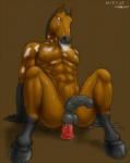 abdominal_bulge abs anal anal_masturbation anal_penetration animal_genitalia animal_penis anthro anus balls black_hooves blush bodily_fluids dildo dildo_sitting equine_genitalia equine_penis erection fur genital_fluids genitals hooves male masturbation nipples nude penetration penis precum sex_toy simple_background solo toying_self vein veiny_penis ronin-nc equid equine horse mammal 2015 hi_res