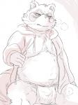 anthro asian_clothing belly biped blush bulge clothing east_asian_clothing fundoshi hoodie humanoid_hands japanese_clothing male moobs nipples overweight overweight_anthro overweight_male sitting solo topwear underwear hysk sengoku_puzzle tokugawa_ieyasu canid canine mammal raccoon_dog tanuki 3:4