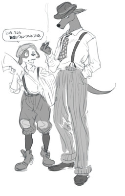 1920s_theme age_difference anthro black_body black_fur black_nose cigarette clothing collared_shirt duo fedora floppy_ears footwear fur hat headgear headwear kemono long_socks male multicolored_body multicolored_fur necktie newsboy newsboy_cap newspaper patched_clothing prohibition_era shirt shoes size_difference smoking smoking_cigarette speech_bubble suspenders text topwear two_tone_body two_tone_fur young young_anthro young_male kikurage canid canine canis domestic_dog mammal 2024 absurd_res hi_res japanese_text monochrome sketch translated