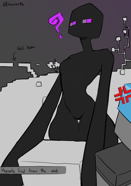 ambiguous_gender armor black_body breasts clothing cross-popping_vein duo featureless_breasts featureless_crotch female headgear helmet holding_object larger_female long_arms not_furry nude purple_eyes simple_background simple_coloring size_difference small_breasts small_waist solo_focus square_(anatomy) square_head text thigh_gap kaiartis microsoft minecraft mojang xbox_game_studios enderman human humanoid mammal absurd_res digital_media_(artwork) english_text flat_colors hi_res