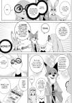 anthro clothing dialogue female fur male text namagakiokami disney zootopia finnick_(zootopia) judy_hopps nick_wilde tracy_siren canid canine fennec_fox fox lagomorph leporid mammal rabbit red_fox true_fox comic english_text hi_res monochrome