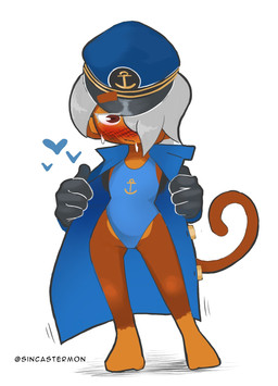 blush blush_lines bodily_fluids clothing female flat_chested heart_symbol looking_at_viewer one-piece_swimsuit raised_tail revealing_outfit sweat sweatdrop swimwear tail sincastermon bloons_tower_defense ninja_kiwi admiral_brickell haplorhine humanoid mammal monkey primate hi_res