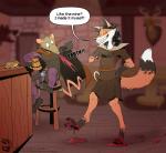 alcohol bar_chair beverage blurred_background bodily_fluids digitigrade dripping_liquid duo eyes_closed female male mounted_trophy saliva sickle smile tavern text touching_one_chest wine alfafilly sepia_the_rat tixtapa_the_fox canid canine fox mammal murid murine rat rodent toad_(animal)