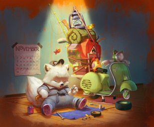 4_fingers acoustic_guitar anthro arms_bent baseboard belt belt_buckle black_claws black_clothing black_footwear black_nose black_shoes blue_belt blue_jumpsuit blue_wall blueprint brush buckle calendar carton claws clothed clothed_anthro clothed_male clothing drinking_straw eyes_closed finger_claws fingers fishing_rod floor food food_on_face footwear fully_clothed fully_clothed_anthro fully_clothed_male fur gas_canister grey_clothing grey_hat grey_headwear guitar hairbrush hat headgear headwear holding_food holding_nut holding_object holding_pizza inside juice_(beverage) lamp lantern light male male_anthro motor_scooter musical_instrument nut_(hardware) pizza pizza_slice plucked_string_instrument plushie rubber_duck sitting sitting_on_ground sleeping_bag solo string_instrument suitcase tail tape text thin_eyebrows tire tools wall_(structure) washer white_body white_fur white_tail wood wood_floor wrench alice_pisoni arctic_fox canid canine fox mammal true_fox 2020 absurd_res adobe_photoshop_(artwork) colored digital_drawing_(artwork) digital_media_(artwork) english_description english_text hi_res lighting shaded